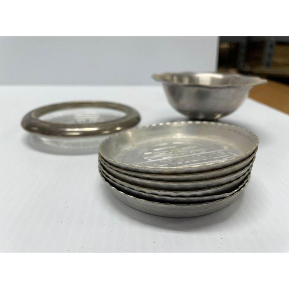 Set 6 VTG Stanhome Stanley Home Tin Metal Coasters Cupholders with Silver Stand - Picture 1 of 4